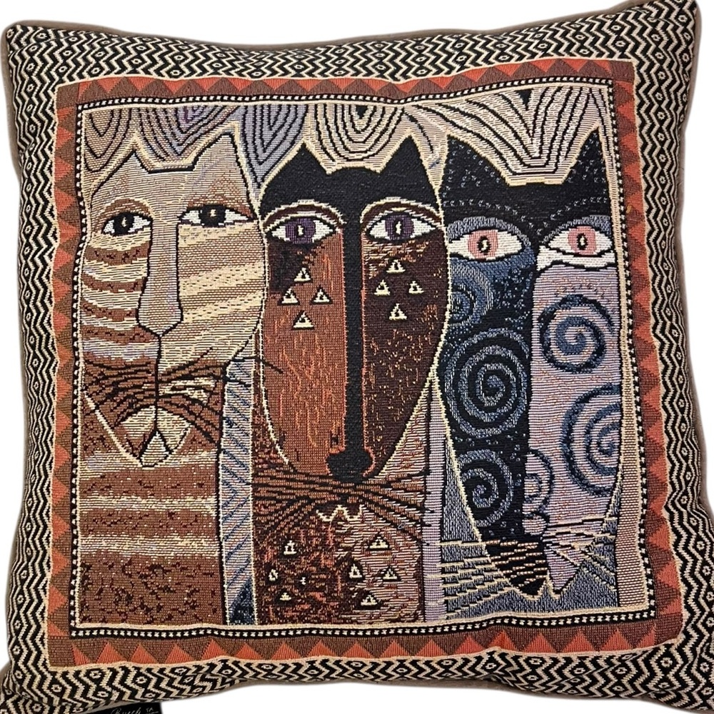 Vintage Laurel Burch Cats Tapestry Throw Pillow 16” Sq. Tan Ultrasuede Back